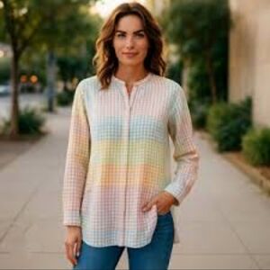 Lands End 100% Linen Gingham Pastel Button-Up Shirt Sz.S